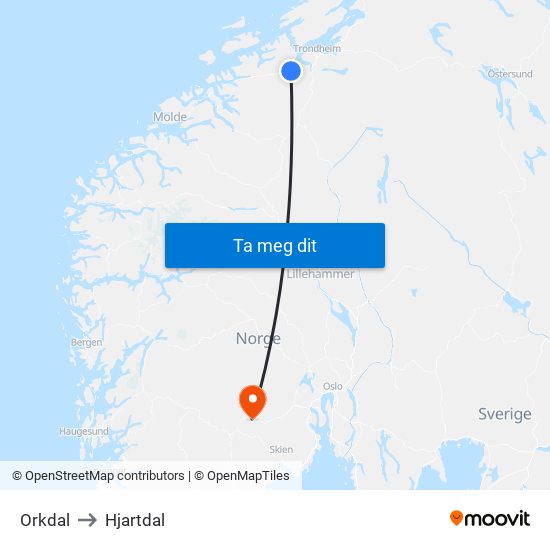 Orkdal to Hjartdal map