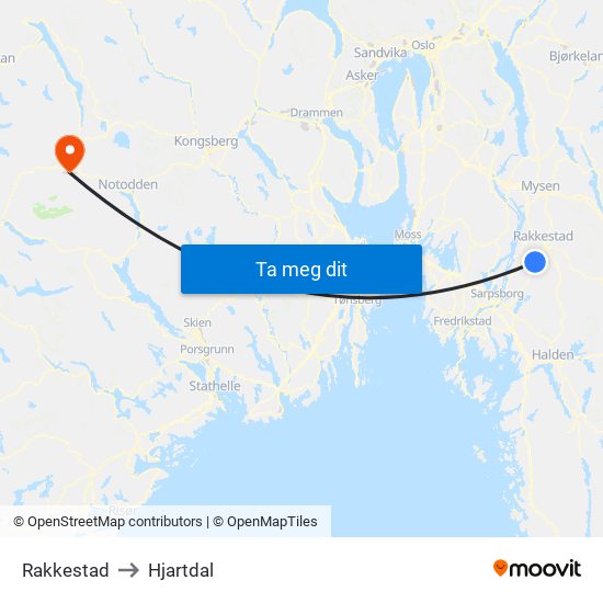 Rakkestad to Hjartdal map