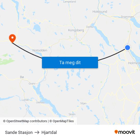 Sande Stasjon to Hjartdal map