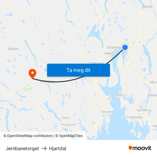 Jernbanetorget to Hjartdal map