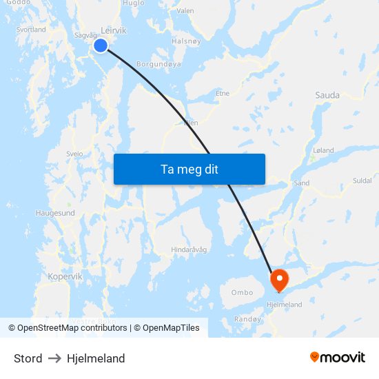 Stord to Hjelmeland map