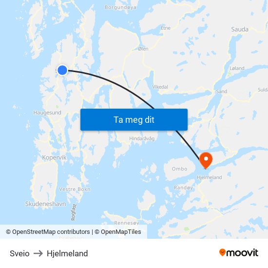 Sveio to Hjelmeland map