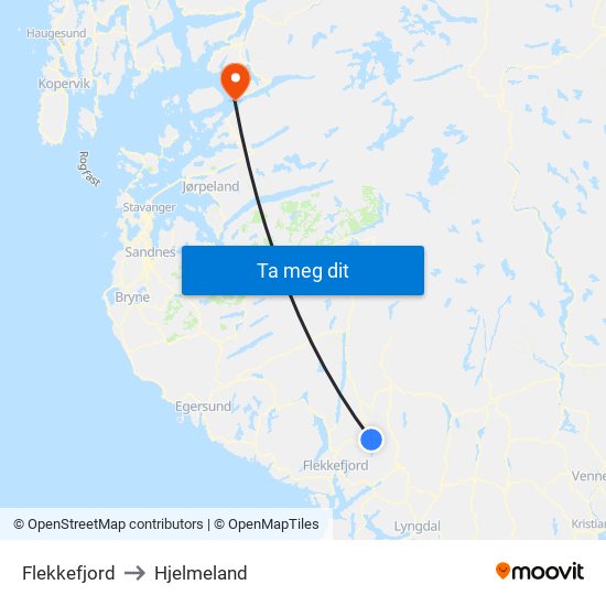 Flekkefjord to Hjelmeland map