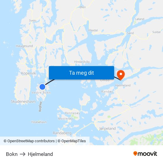 Bokn to Hjelmeland map