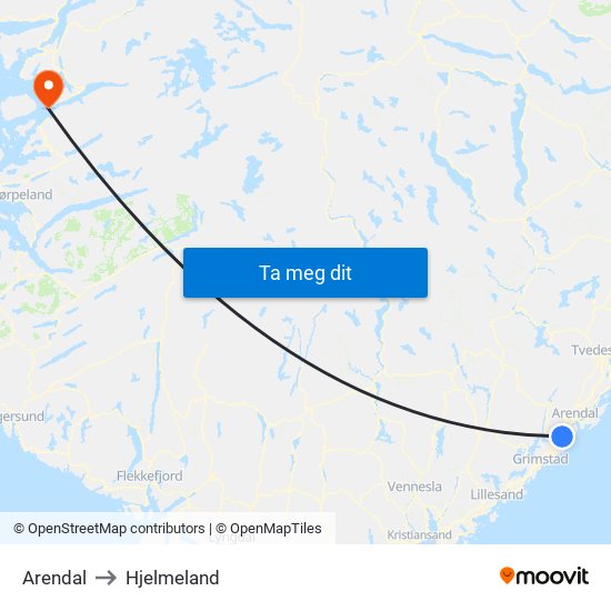 Arendal to Hjelmeland map