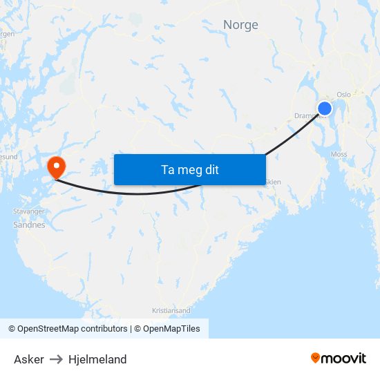 Asker to Hjelmeland map