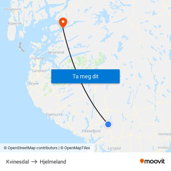 Kvinesdal to Hjelmeland map