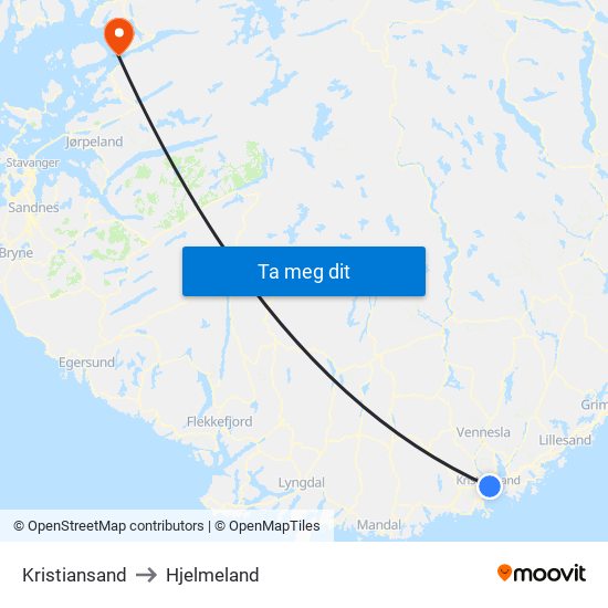 Kristiansand to Hjelmeland map