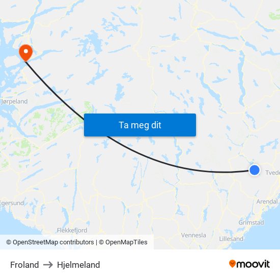 Froland to Hjelmeland map