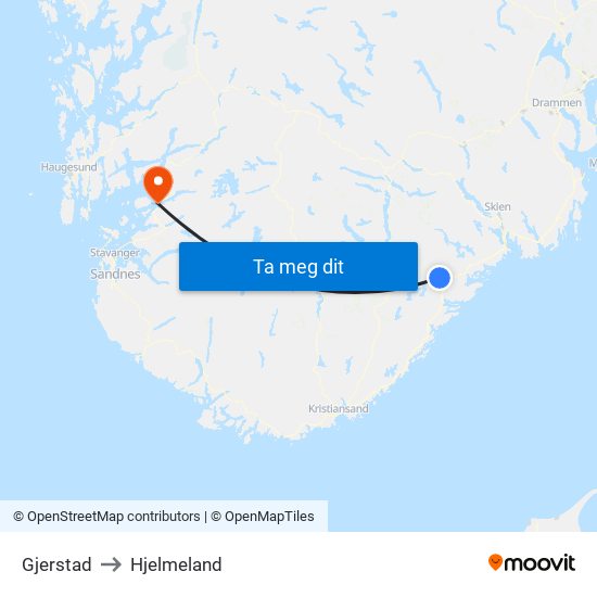 Gjerstad to Hjelmeland map