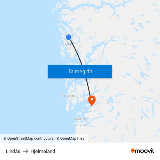 Lindås to Hjelmeland map