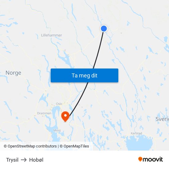 Trysil to Hobøl map