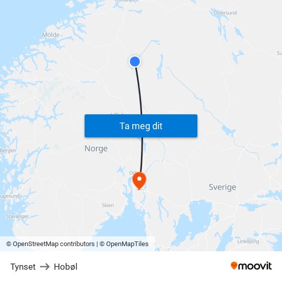 Tynset to Hobøl map