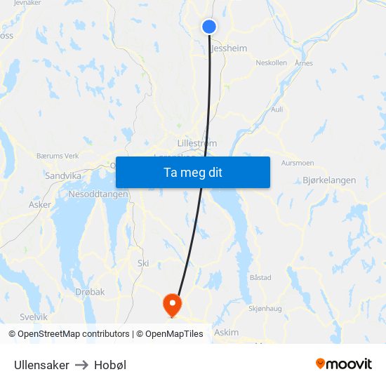 Ullensaker to Hobøl map