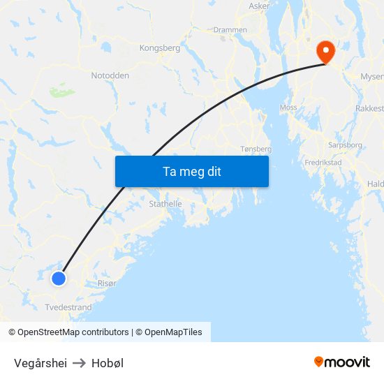 Vegårshei to Hobøl map