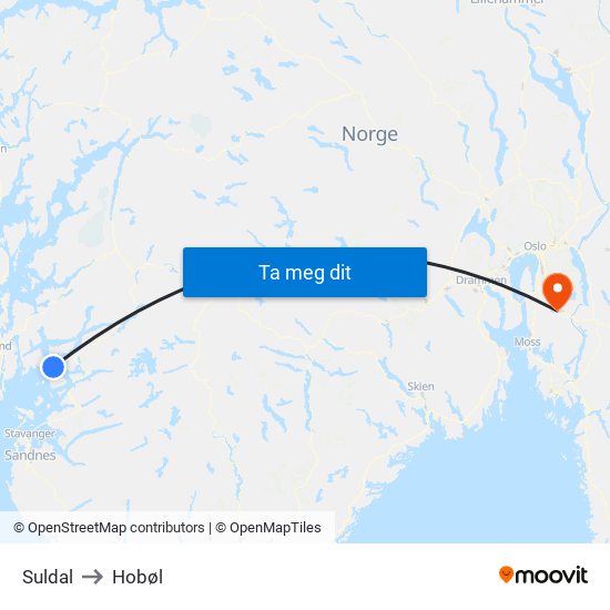 Suldal to Hobøl map