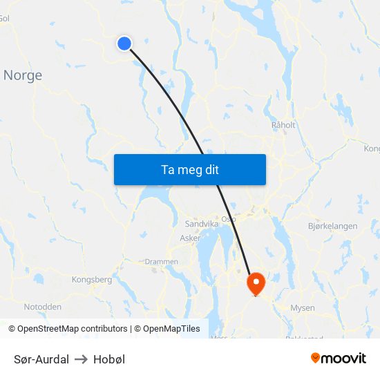 Sør-Aurdal to Hobøl map