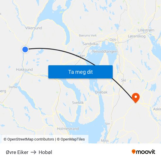 Øvre Eiker to Hobøl map