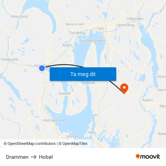 Drammen to Hobøl map