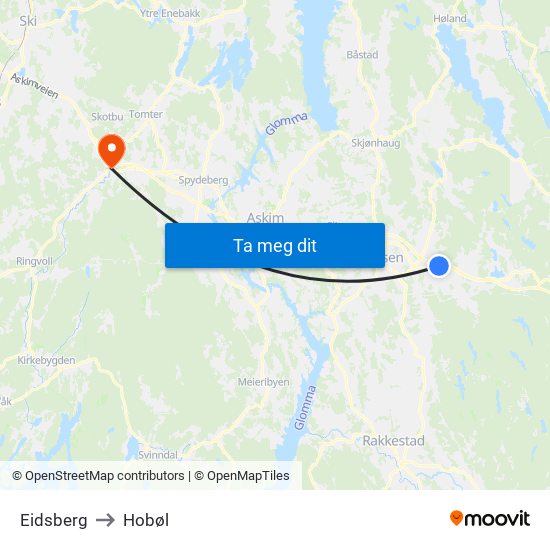 Eidsberg to Hobøl map