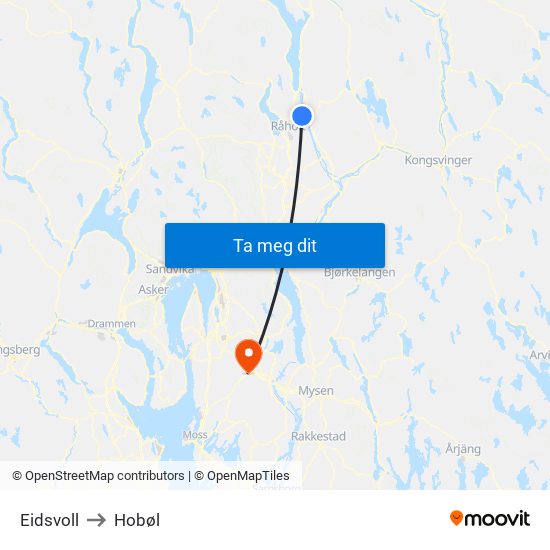 Eidsvoll to Hobøl map