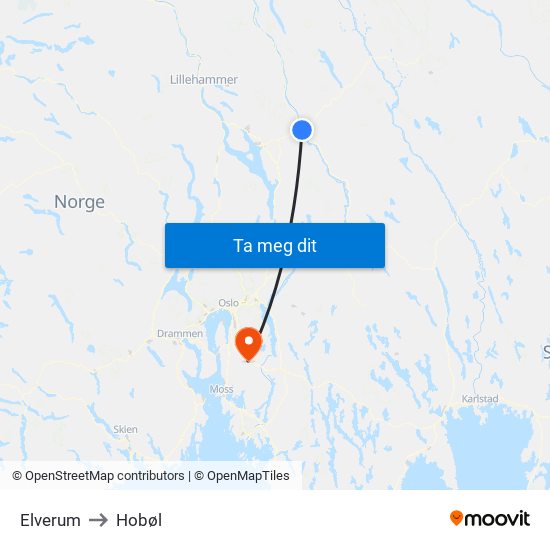 Elverum to Hobøl map
