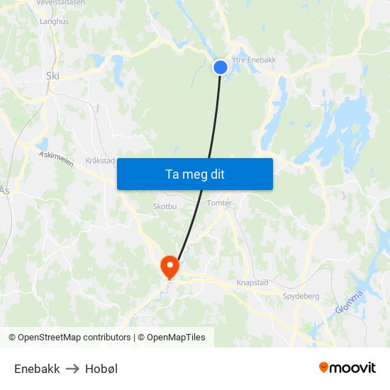 Enebakk to Hobøl map