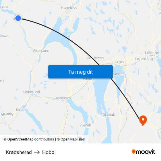Krødsherad to Hobøl map