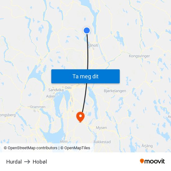 Hurdal to Hobøl map