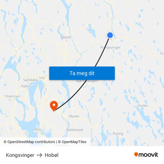 Kongsvinger to Hobøl map