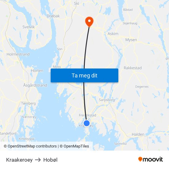 Kraakeroey to Hobøl map