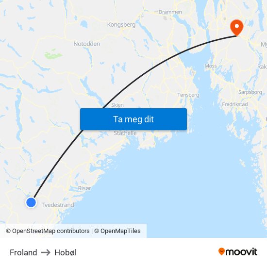 Froland to Hobøl map