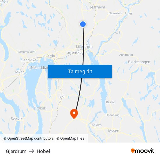 Gjerdrum to Hobøl map