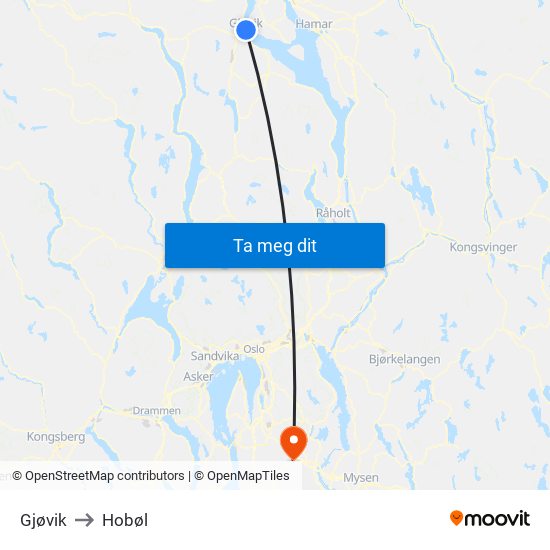 Gjøvik to Hobøl map