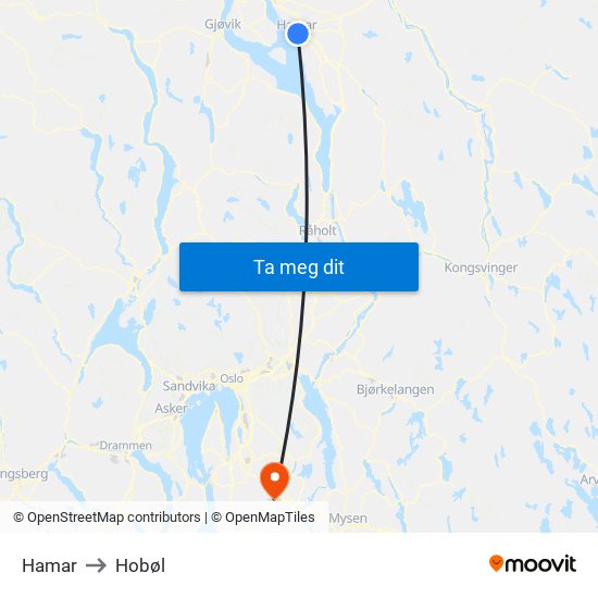 Hamar to Hobøl map