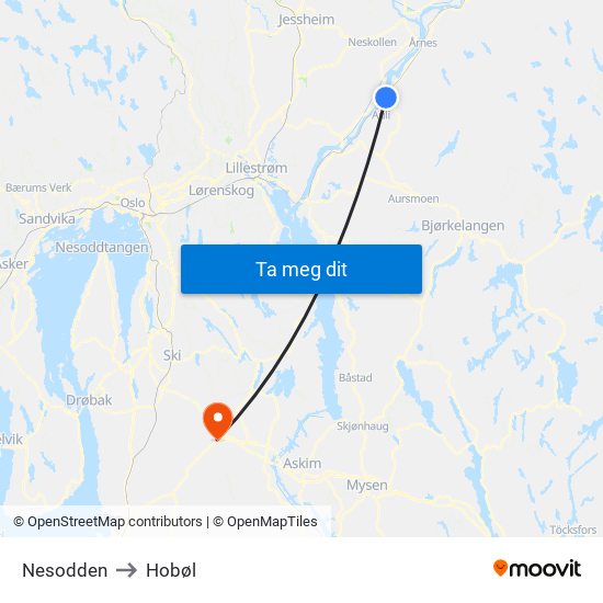 Nesodden to Hobøl map