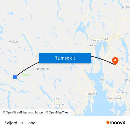 Seljord to Hobøl map