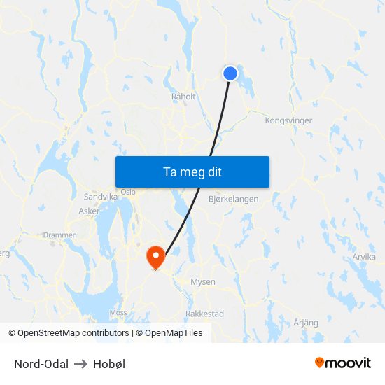 Nord-Odal to Hobøl map