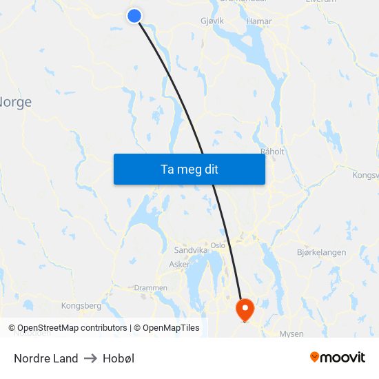 Nordre Land to Hobøl map