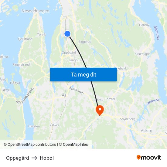 Oppegård to Hobøl map