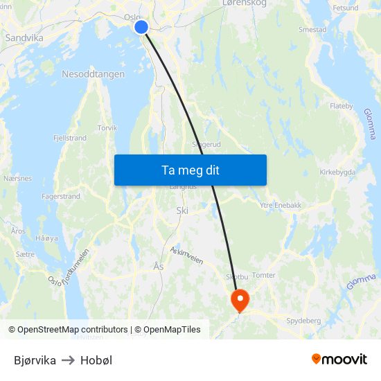 Bjørvika to Hobøl map