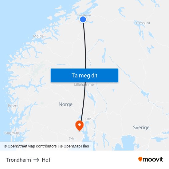 Trondheim to Hof map