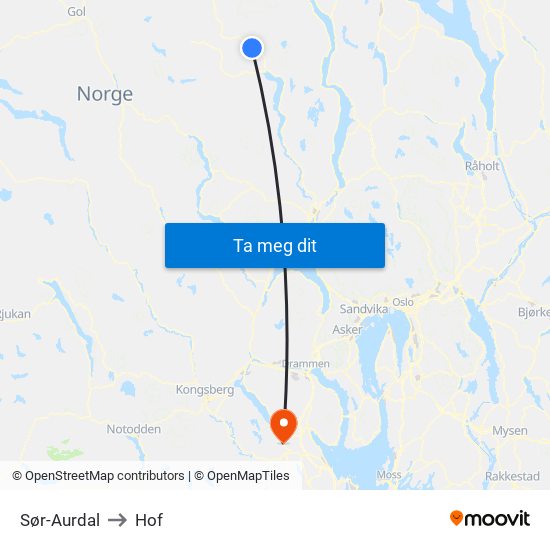 Sør-Aurdal to Hof map