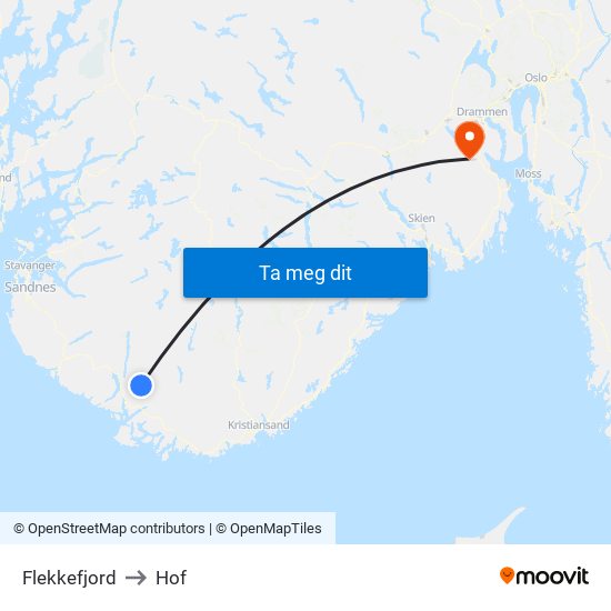 Flekkefjord to Hof map