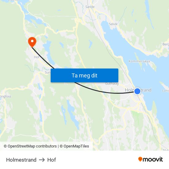 Holmestrand to Hof map