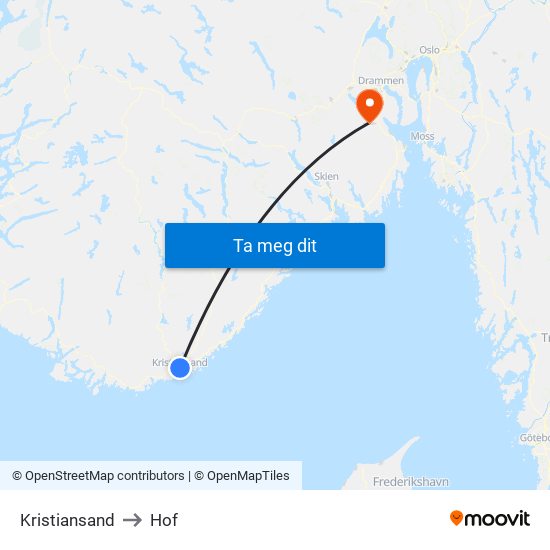 Kristiansand to Hof map