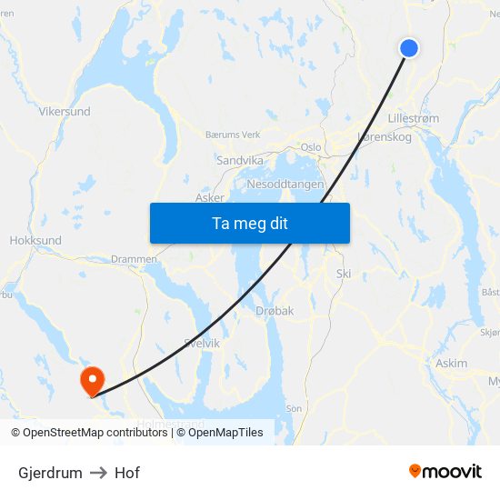 Gjerdrum to Hof map