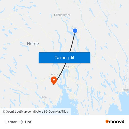 Hamar to Hof map