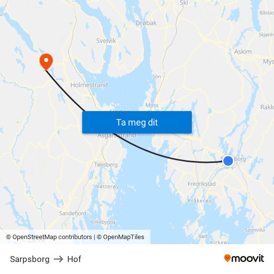 Sarpsborg to Hof map