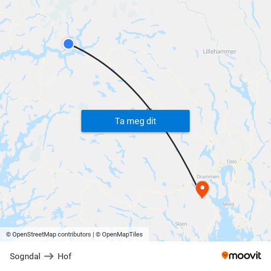 Sogndal to Hof map
